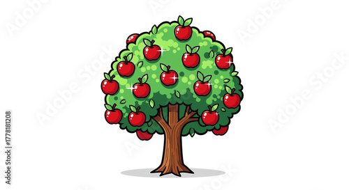 Delightful apple tree cartoon with shiny red fruits illustration.