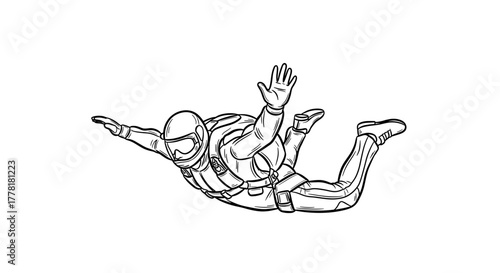 Skydiver soars through sky, captured in minimalist black and white line art