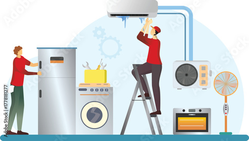 home appliance repair service vector illustration, repairman working on AC unit, fridge, washing machine, microwave and other home electronic stuff, Technician fixing home