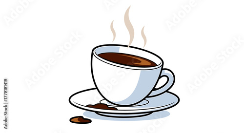 Steaming Cup of Coffee Cartoon with Spill on a White Background