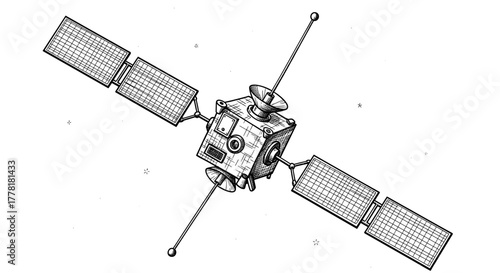 Detailed hand drawn satellite illustration floating in deep space