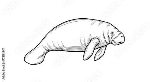 Elegant manatee illustration with intricate line work on a white background.