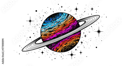 Colorful Ringed Planet Illustration Amidst a Starry White Background