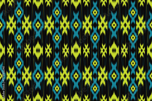 Vibrant Neon Ikat Seamless Pattern, Modern Ethnic Geometric Vector, High Contrast Tribal Textile with Lime Green and Teal on Black Background.