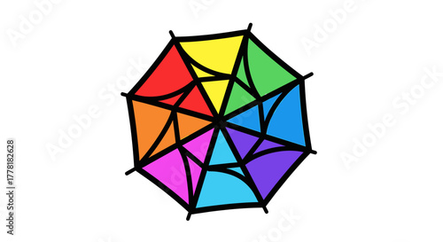 Brightly colored stained glass illustration with black outline on white