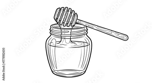 Honey jar line art illustration with dipper on white background.