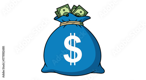 Blue Money Bag Overflowing with Currency on a White Background