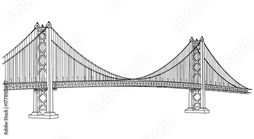 Detailed line drawing of a suspension bridge against a white background