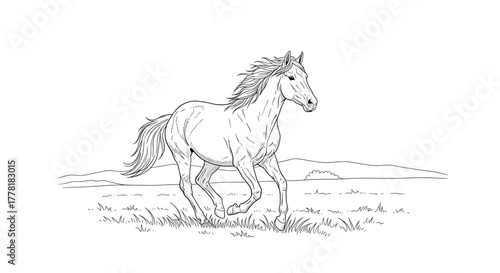 Elegant Horse Galloping Freely Across the Grassy Plain Illustration.