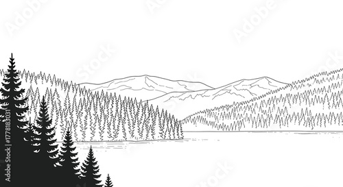 Mountain Lake Scenic Landscape Black and White Illustration Sketch
