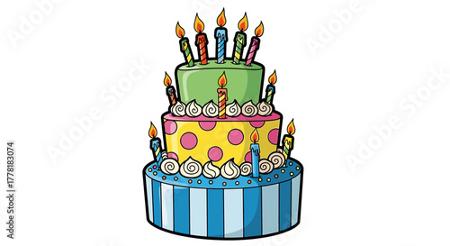 Colorful tiered cartoon birthday cake with burning candles illustration.