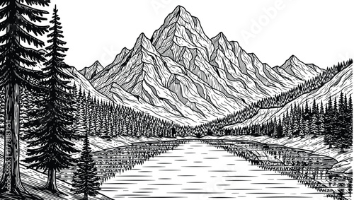 Mountain Landscape with Pine Forest and Lake Reflection. Detailed Black and White Hand-Drawn Woodcut Style Nature Scene Vector Illustration
