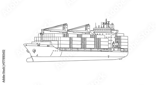 Detailed Black and White Line Drawing of a Cargo Ship