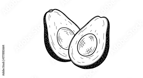 Avocado Halves Black and White Illustration on Clean White Background