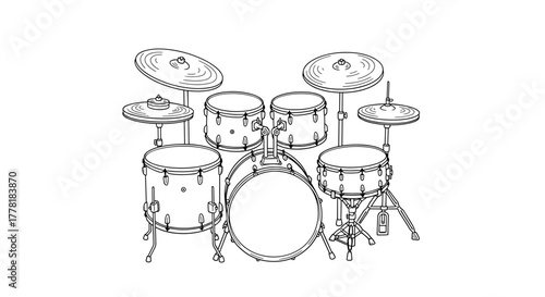 Bold Line Art Illustration of a Detailed Drum Set Isolated