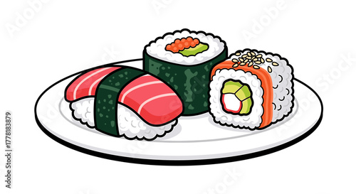 Colorful Cartoon Sushi Rolls and Nigiri on a White Plate