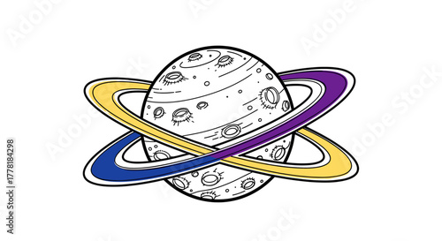 Graphic Planet with Rings: Modern Cartoon Illustration on White