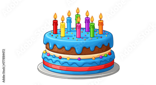 Colorful birthday cake with blue frosting and lit candles illustration