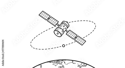 Satellite in orbit around earth, monochrome drawing concept illustration