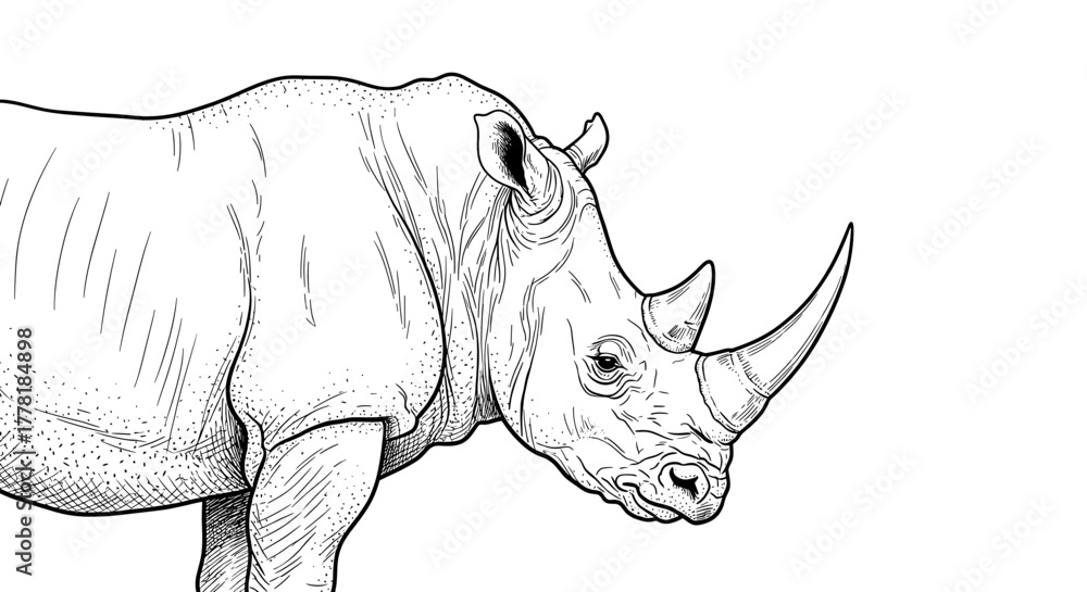 Fototapeta premium Detailed Rhino Illustration: Powerful Wildlife Drawing in Black and White Style