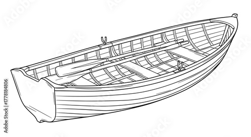 Detailed line drawing of a classic rowing boat with oars inside