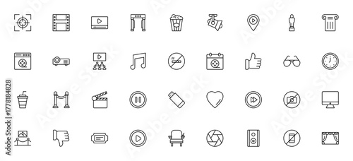 Cinema icon set. Vector illustration collection. Incudes symbols for film roll video player, popcorn, sptlight, clapperboard, tickt, theater and more. Editale stroke.