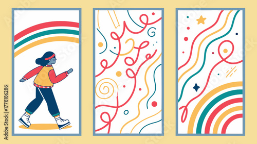 Artwork featuring a person roller skating with rainbow background