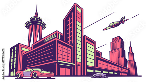 Futuristic city skyline with flying cars