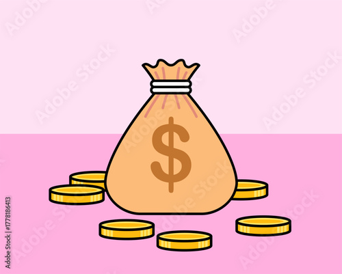 Colorful vector illustration of a money bag with a dollar sign surrounded by gold coins on a pink background. perfect for finance, investment, banking, business, or economic concept designs