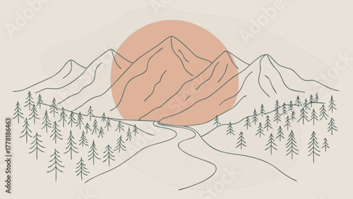 Minimalist mountain landscape with sun and pine trees illustration