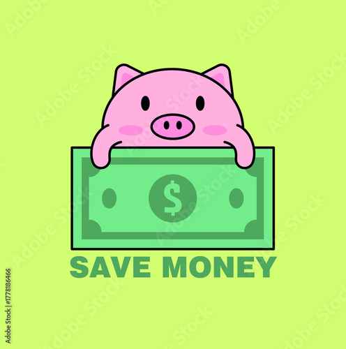 Adorable piggy bank illustration holding a dollar bill with the words save money perfect for finance, investment, saving tips, or budgeting concepts in web, print, and marketing designs