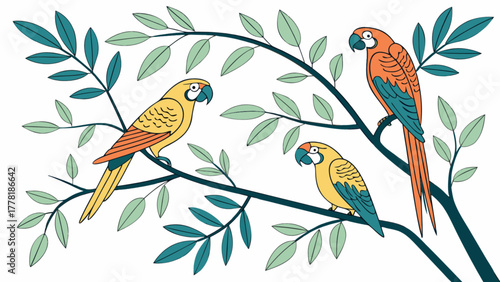 Three colorful parrots perched on a tree branch