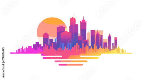 Colorful city skyline with a vibrant sunset
