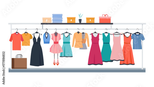 Clothing rack with dresses and shirts