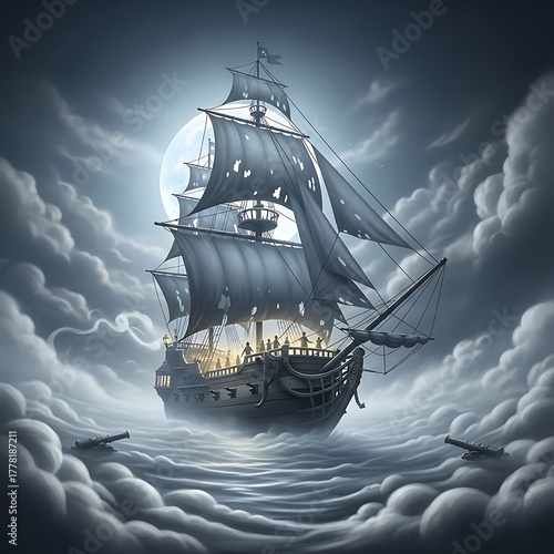 Ethereal Galleon Sailing Through Mystical Moonlit Clouds