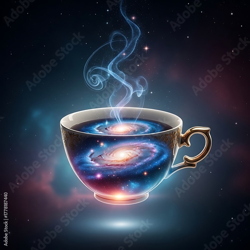 Cosmic Coffee Cup Galaxy Swirls and Steam