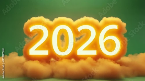 Year two thousand twenty six with orange smoke effect on a green background in a studio shot video