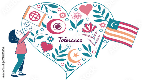 Promoting tolerance and diversity illustration with flags and hearts in a floral design for unity theme