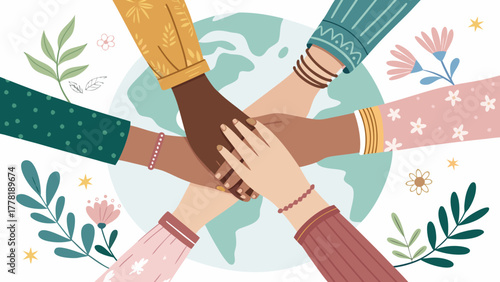 Diversity hands together vector illustration for global unity and international cooperation concept art