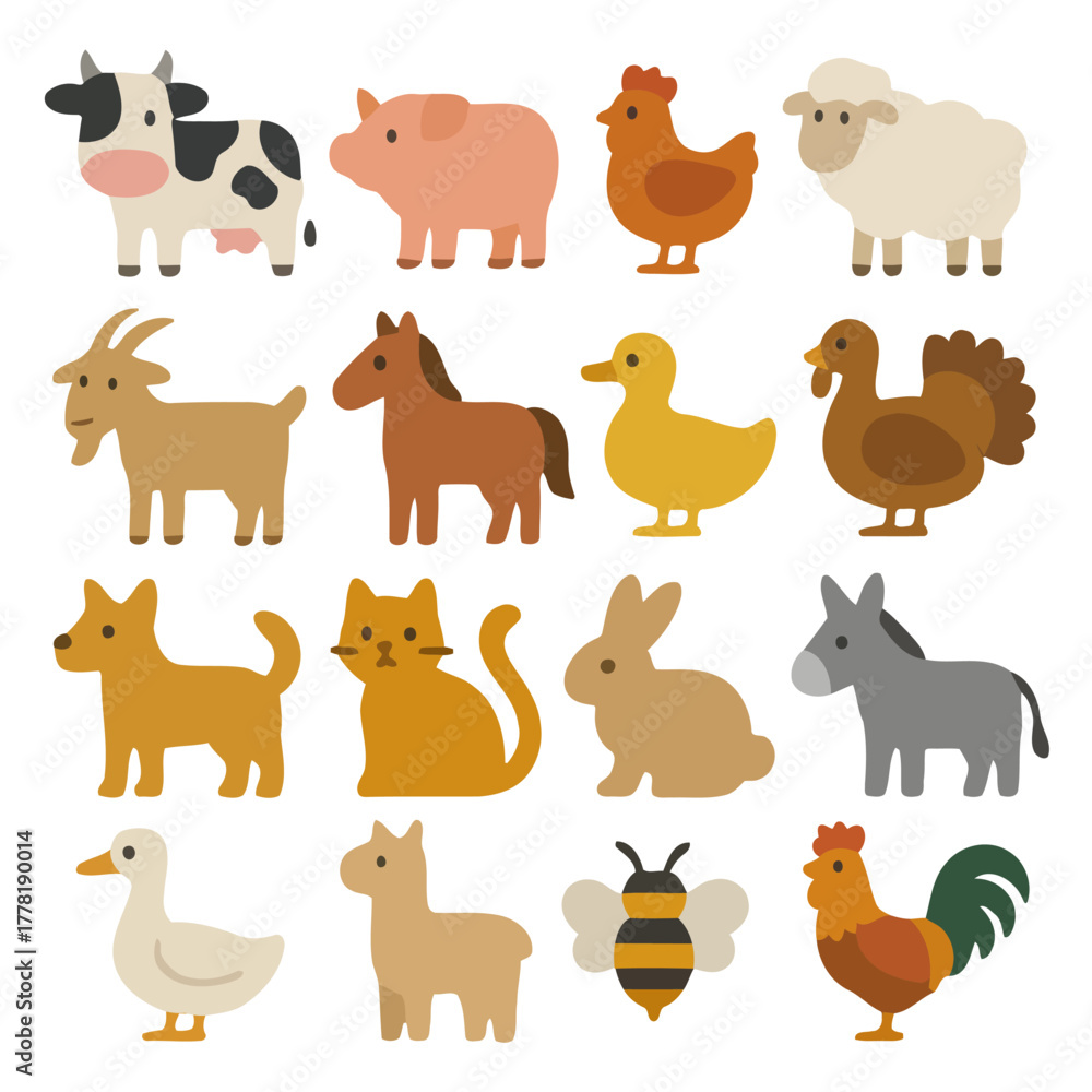 Obraz premium Farm Animals Illustrations: A colorful assortment of farm animals arranged with charming illustrations that includes a cow, pig, chicken, sheep, goat, horse, duck, turkey, dog, cat, rabbit, donkey.