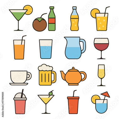 Variety of Beverage: A colorful collection of refreshing beverages, meticulously illustrated, spanning from classic cocktails to essential everyday drinks, showcasing a vibrant array of choices.