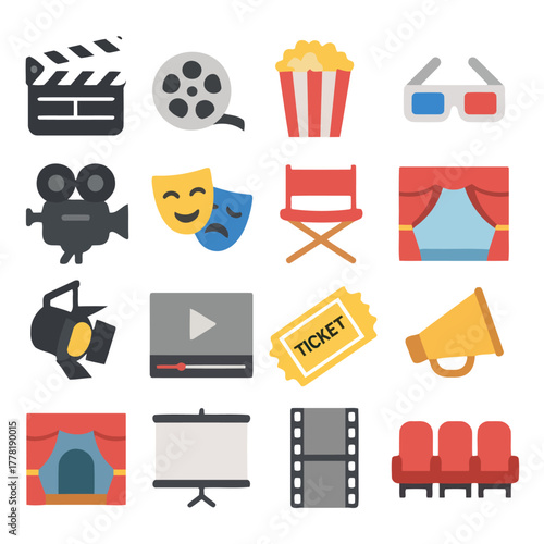 Cinema Icon Array: An array of vibrant cinema icons, representing the diverse elements of filmmaking and cinematic enjoyment, ready to be showcased.