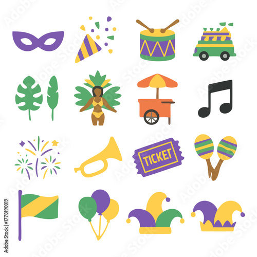 Carnival Icon Set: A vibrant collection of icons capturing the spirit of celebration and joy, featuring masks, instruments, and festive elements for a lively design.