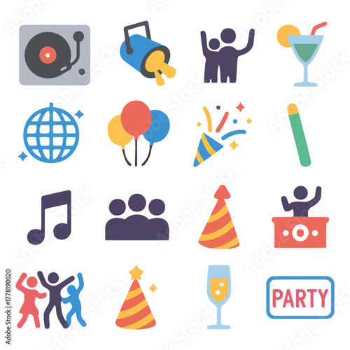 Party Icon Collection: A collection of fun and festive party icons, perfect for any celebratory occasion. Representing elements like music, drinks, people, and decorations.