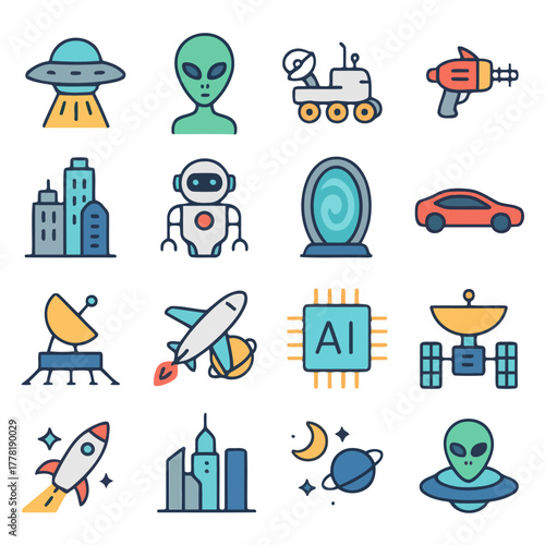 Intergalactic Elements: A vibrant illustration showcasing an array of futuristic and space-themed elements. These icons represent the essence of innovation, exploration, and the vast unknown