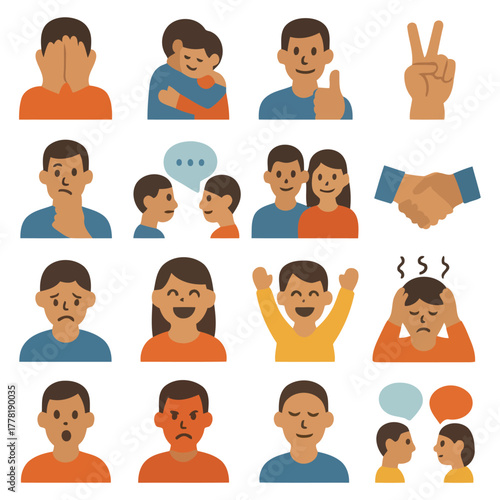 Emotions and Connections: A set of icons representing a diverse range of feelings and social interactions, conveying the complexities of human experiences.