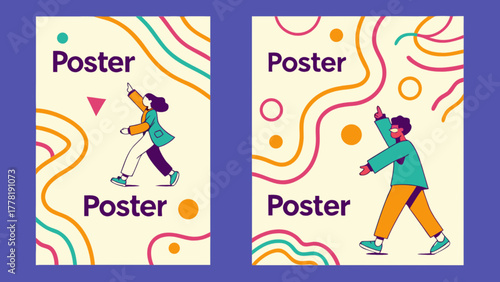 Poster design with abstract shapes and a person pointing upwards