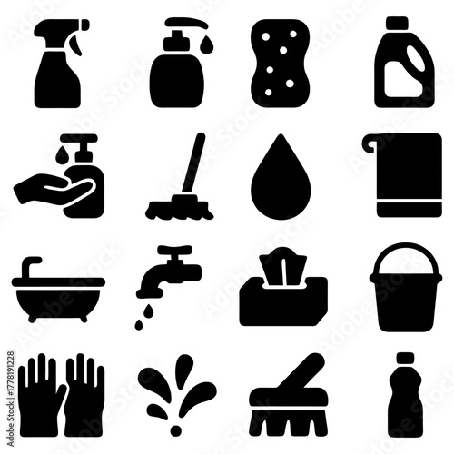Cleaning Essentials: A curated collection of cleaning icons that represent cleaning tools and supplies, showcasing the essential items for a pristine and organized space.