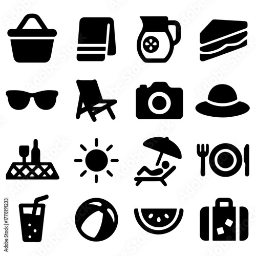 Iconic Summer Vacation: A visual feast of summer essentials, encompassing elements from a picnic basket and sunglasses to a beach chair.