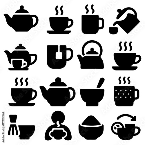 Tea Time Collection: A charming set of simple graphic icons related to tea, including tea pots, mugs, cups, serving tea, tea bag, tea pot with cup, tea bowl, tea drinker, lemon tea, and tea leaves. 